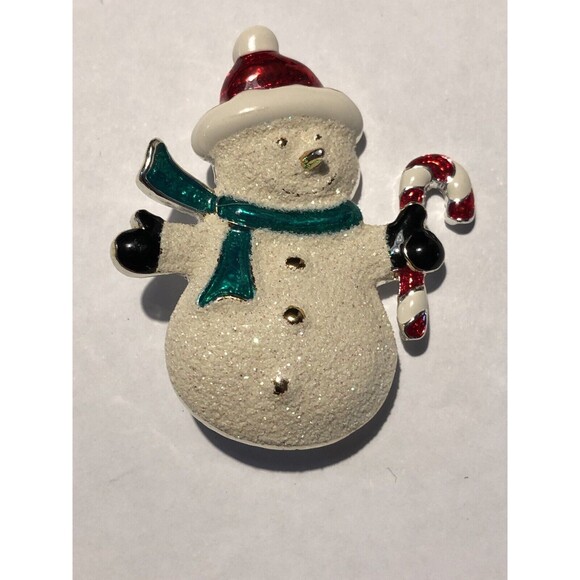 Vintage Brooch Enamel Snowman Candy Cane Pin Signed SFJ - Picture 3 of 6